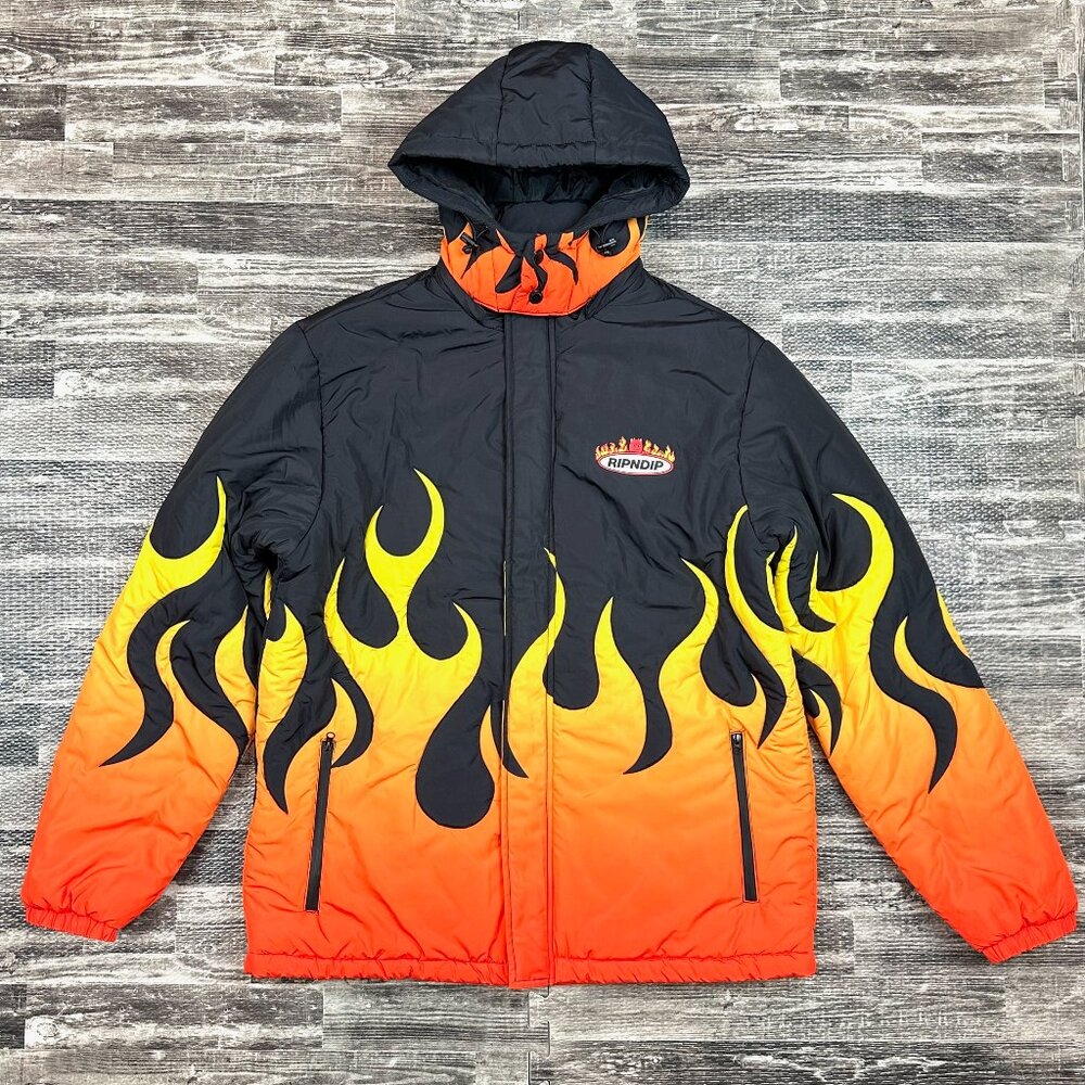 RipNDip Welcome to Heck Flame Puffer Jacket with Removable Hood